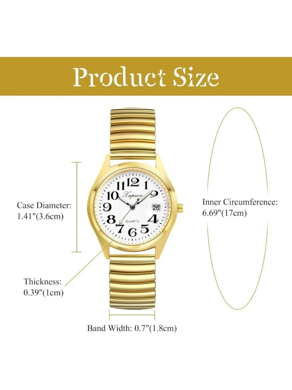 Womens Gold Analog Quartz Luminous Easy Reader Stretch Band Calendar Wrist Watch